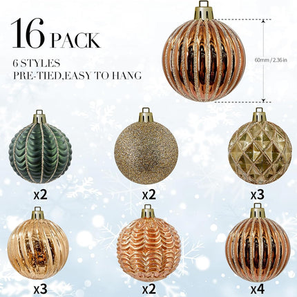 Earth Tone 60mm/2.36 Inches Christmas Balls Ornaments Bulk with Lanyard - 16 Packs Shatterproof Hanging Ball Baubles Set for Xmas Tree Decorations, Wreaths Garlands Season Holiday Decor