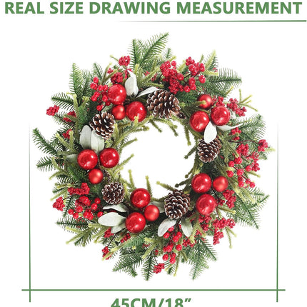 Super Holiday Artificial Christmas Wreath, Front Door Wreaths Decorations for Home, Party, Holiday, Thanksgiving, Xmas Decor - with Wreath Hanger, Green/Red.
