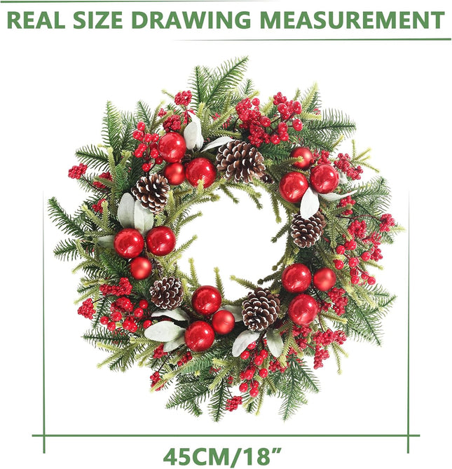 Super Holiday Artificial Christmas Wreath, Front Door Wreaths Decorations for Home, Party, Holiday, Thanksgiving, Xmas Decor - with Wreath Hanger, Green/Red.