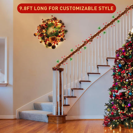 Christmas Garland with Lights, 60 LED 9.8 Ft Garland Pine Cones Red Berry String Light, 8 Modes Battery Operated Lighted with Remote&Timer for Mantle, Entryway, Christmas Home Decorations