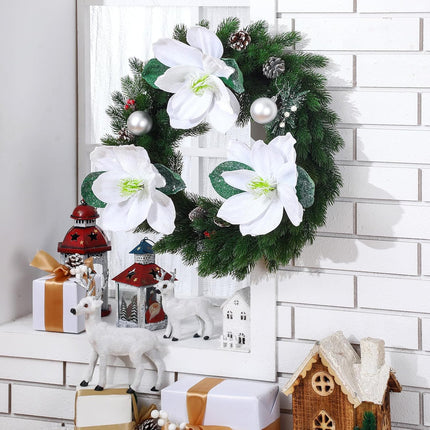 6 Pcs Christmas Magnolia Artificial Flowers 9 inch Christmas Tree Wreaths Garland DIY Ornaments Large Decorative Faux Magnolia Floral Picks with Clip for Xmas Holiday Party Party Decor