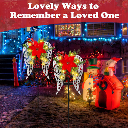 2 Pack Christmas Outdoor Decorations Solar Stake Lights, Led Angel Wings Metal Stakes with Big Poinsettia Flower, Grave Decorations Lighted Pathway Lights for Lawn Garden Cemetery Decorations