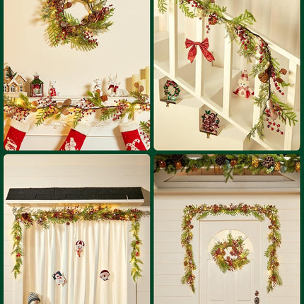 Brightown Christmas Garland with Lights, Battery Operated, 6 Ft 20 LED Lighted Pine Leaves Garland Decorated with Pine Cones, Berry, Eucalyptus Leaves, Indoor Christmas Lights for Mantle Stairs Wall
