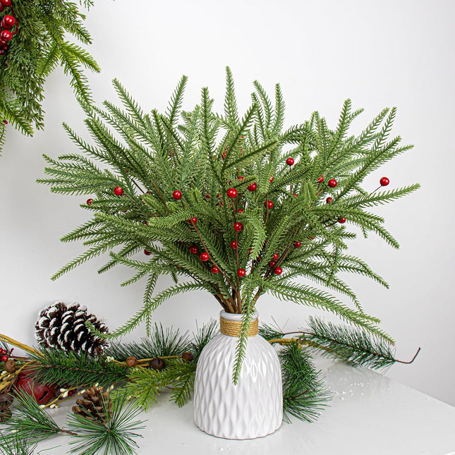 20 PCS Christmas Branches 17 Inch Artificial Christmas Tree Picks with Red Berries Norfolk Pine Branches for Xmas Tree Floral Arrangements Centerpieces Christmas DIY Crafts