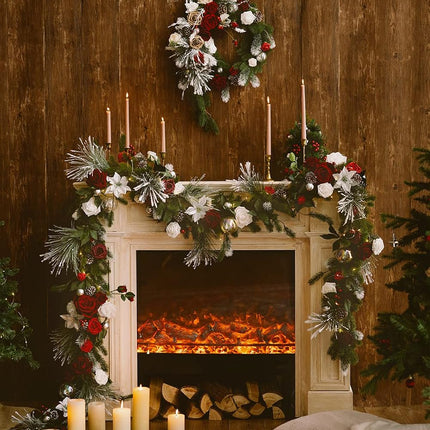 Ling's Moment Flower Garland - 6FT Eucalyptus & Rose - Sweetheart Table Decor for Wedding Reception, Artificial Floral Garland for Mantle, Thanksgiving Decoration, Christmas Red & Sparkle