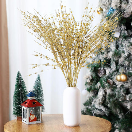 Geosar 14 Pcs Long Artificial Glitter Berry Stem Ornaments 28 Inch Fake Christmas Picks Christmas Tree Decoration Stems Xmas Decorative Bead Sticks Glittery Twig Branches for DIY Wreath Decor (Gold)