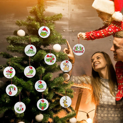 Christmas Ornaments Tree Decorations Set - 12pcs Green Wooden Round Ornaments Hanging Decorations for Christmas Tree Home Decor