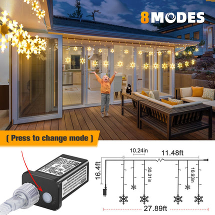Aulanto Christmas Lights Outdoor Snowflake Lights,11.48ft 168 LED Snowflake Icicle Lights Waterproof with14 Drops, 8 Modes Warm White Christmas Decorations Light for Eaves, Yard, Tree, Window, Curtain