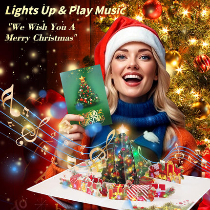 Pop Up Christmas Cards with Music & Lights, 3D Christmas Tree, Christmas s Greeting Card Inlcudes Envelope, Play We Wish You A Merry Christmas
