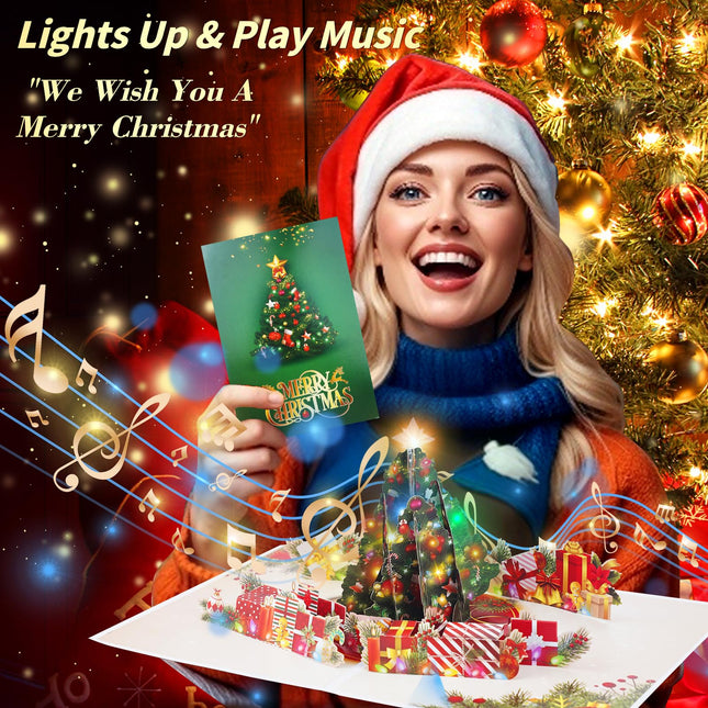 Pop Up Christmas Cards with Music & Lights, 3D Christmas Tree, Christmas s Greeting Card Inlcudes Envelope, Play We Wish You A Merry Christmas