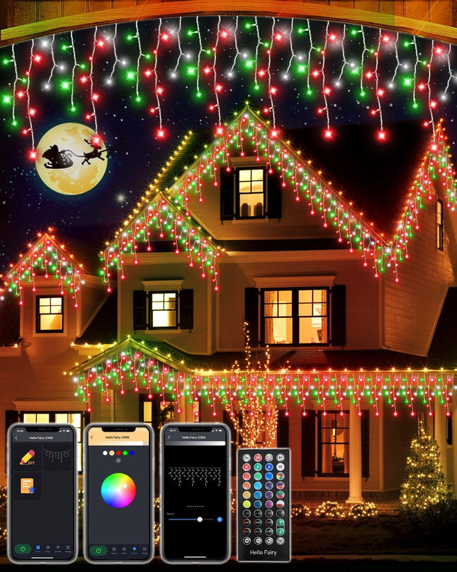 Smart Icicle Christmas Lights Outdoor, 66FT Dynamic DIY LED Icicle Lights for Outside App Remote Control Color Changing Music Timer, Plug in Curtain String Lights for Fence House Holiday Decor