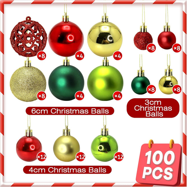 Christmas Tree Ornaments Set Shatterproof Christmas Balls Ornaments for Christmas Tree Decorations 100 Pcs 3 Size Combo Red Green Gold Christmas Ornaments Balls