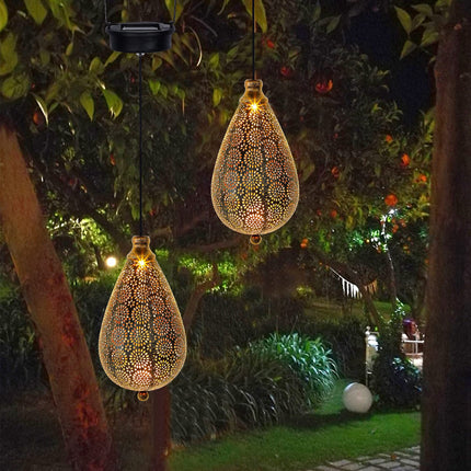 MAG 2 Pack Solar Hanging Lights, Solar Powered Decorative Retro Lantern with Handle, Warm White LED Christmas Garden Boho Flower Lights, Metal Drop Shape Waterproof Outdoor Yard Tree Fence Patio