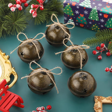 12 Pieces Large Size Christmas Bells 3.15 Inch Jumbo Bells Sleigh Bells Star Cutout Bells Ornaments with Ribbon for Christmas Tree Wreath Decorations (Brass)