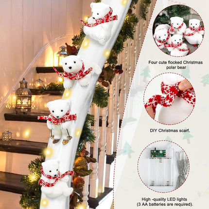 Polar Bear Christmas Staircase Decorations Set Banister Christmas Decorations with 4PCS Skiing Polar Bears & Artificial Snow & LED Lamp Belt, for Home Interior Christmas Stairs Decorations