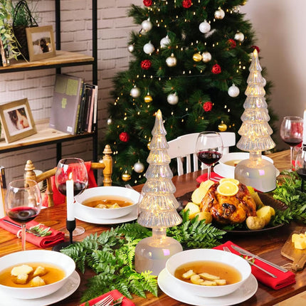 Glass Christmas Trees for Tabletop, Rotating Mercury Glass Christmas Tree Decor, Sparking Christmas Centerpiece Table Decorations, Battery Operated Lamp with Timer, Set of 2 Christmas Trees (Silver)