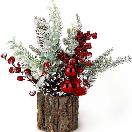 Small Christmas Tree Tabletop Artificial Mini Christmas Tree Decorations with Holiday Ornaments Red Berry Pine Cone Greenery for Home Indoor Fireplace Mantel Xmas Decor (Tree Stump-Red)