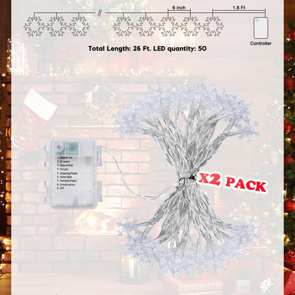 Christmas Snowflakes Light, Snowflakes Holiday Lights with Battery Operated, Waterproof Shatterproof Snowflake Decorative Xmas Fairy Lights for Outdoor Xmas Decor (Pure White, 2 Pack)