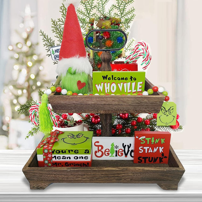 Christmas Tiered Tray Decor Christmas Decorations - Cute Green Gnome Plush Faux Book Stack Wooden Signs Bead Garland - Farmhouse Rustic Xmas Decor for Home Table Party Supplies