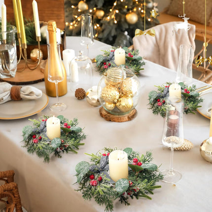 Enlarged Christmas Candle Rings Inner Diameter 4.1 in - 4 Pcs Candle Wreath Holders with Artificial Snow Buffalo Bow Leaves Berries for Xmas Holiday Party Wedding Table Centerpiece Decorations