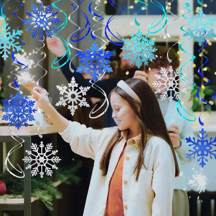 36 Pcs Glitter Snowflake Hanging Swirls Decoration - Christmas Holiday Ceiling Decorative Streamers Blue Teal Silver Snowflake Ornaments Garland for Winter Wonderland Frozen Party Supplies