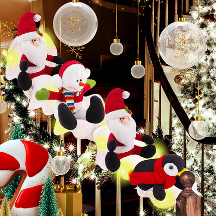 4pcs Lighted Christmas Stairs Decorations Christmas Garland for Stairs Staircase Xmas Decor Sliding Penguin/Santa/Snowman Surf on 5 Feet Fluffy Snow Handrail Banister Railing Holiday Snow Surfing Set