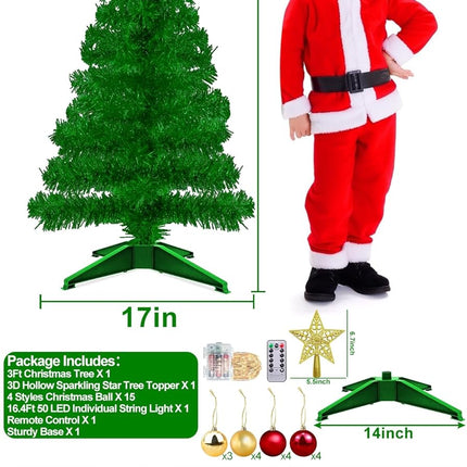 TURNMEON Remote Control 8 Modes 3 Ft Christmas Tree with Lights Timer 15 DIY Ball Ornament 50 Warm Light Battery Operated Artificial Pencil Small Tinsel Xmas Tree Holiday Decorations Home Indoor Table