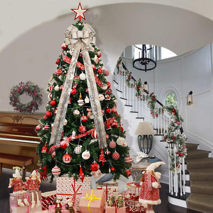 Christmas Tree Topper, 44.5 x 13 Inches Handmade Christmas Tree Topper Bow with Snowflake Large Champagne Bow with Wired Edge for Holiday Indoor & Outdoor Decoration