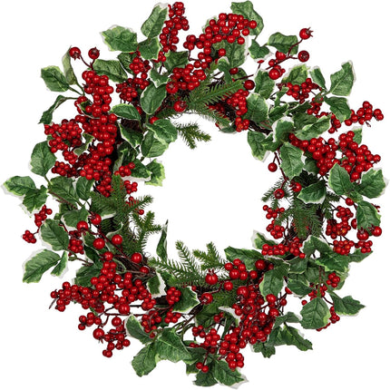 18" Christmas Wreath for Front Door Artificial Wreath with Berry Clusters and Holly Leaves for Christmas Thanksgiving Winter Holiday Decoration