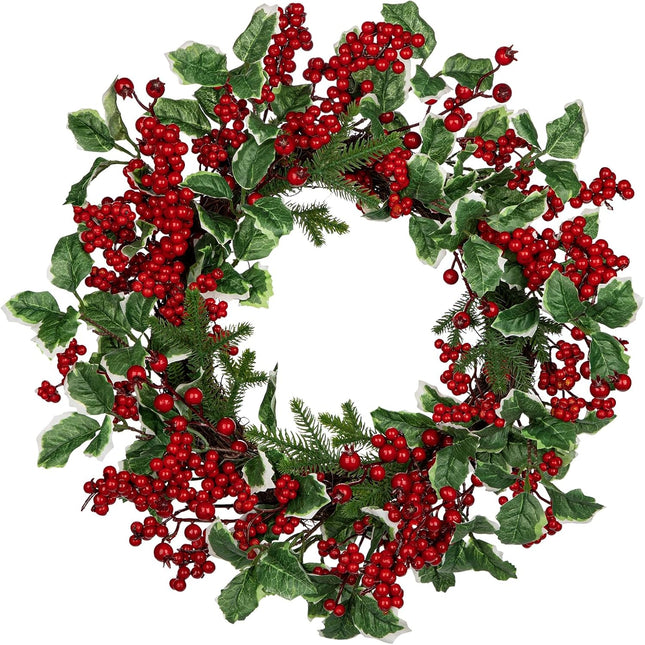 18" Christmas Wreath for Front Door Artificial Wreath with Berry Clusters and Holly Leaves for Christmas Thanksgiving Winter Holiday Decoration