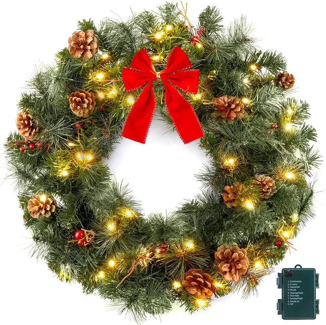 24 Inch Pre-Lit Handcrafted Christmas Wreath for Front Door, IP44 Battery Operated 50 LED Christmas Wreaths, Decor with Pinecones Pine Needles Branches Red Berry Mini Bow, Wreaths for Door Wall Window