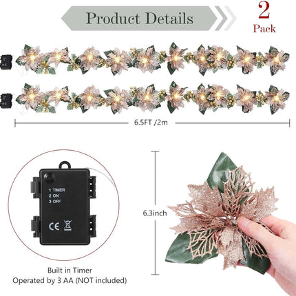 Jexine 2 Pcs Christmas Glitter Artificial Poinsettia Garland 6.5 ft 10 LEDs Faux Flower Xmas String Lights Poinsettia Garland with Lights Gold Berries Holly Leaves for Indoor Outdoor Decor