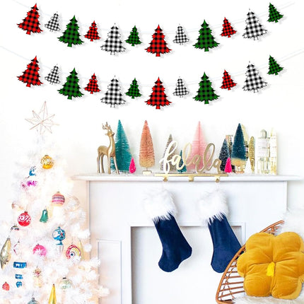 2 Pieces Felt Christmas Tree Garland Banner for Christmas Decorations, Buffalo Plaid Garland for Christmas Tree, Christmas Hanging Decorations for Mantle Fireplace Home Decor