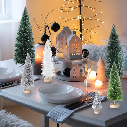 32 Pcs Artificial Mini Christmas Trees 1.4-7.9 Inch Sisal Bottle Brush Trees with Wooden Base Plastic Small Christmas Tree Miniature Pine Tree for Christmas Party Decoration Table Craft Decor