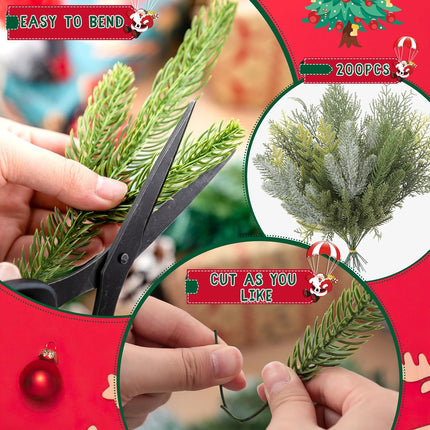 200 Pieces Faux Christmas Picks and Sprays Christmas Pine Needles Artificial Pine Branches Pine Sprigs Christmas Picks Fake Greenery Picks and Sprays for DIY Garland Wreath Decor, 8 Styles