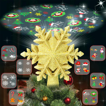 Christmas Tree Topper Lighted with 8 Projection Modes, Christmas Star Tree Topper LED Rotating Lights, 3D Gold Snowflake Star Tree Top Glitter Projector for Xmas Party Holiday Decorations