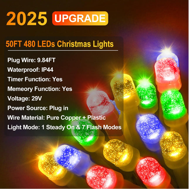 KNO 50ft 480 LED Christmas Lights Outdoor Decorations with 90 Drops, 8 Modes Timer Indoor Curtain Fairy Light, Commercial Waterproof LED String Light Decor for Wedding Party Christmas(Multicolor)
