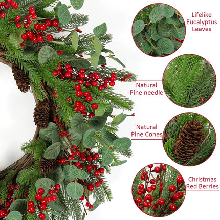 Dremisland 24 Inch Artificial Christmas Wreath for Front Door Xmas Red Berry Wreath with Pine Needles Cones Winter Eucalyptus Wreath Christmas Decorations for Wall Window Home Holiday Xmas Decor