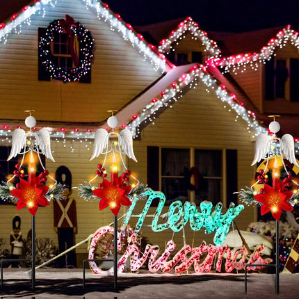 2 Pcs Solar Christmas Angel Stake Lights Yard Decorations Christmas Garden Stake Decor Metal Angel Solar Lights Outdoor Garden with LED Candle for Pathway Holiday Winter Decoration