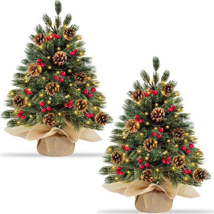 2 Pack 24''/2FT Realistic-Feel PE Thick Small Artificial Christmas Tree Tabletop Decor 40 Lights Timer Battery Operated Cedar Norfolk Pine 20 Pinecones 60 Red Berry Mini Xmas Tree Indoor Table Home