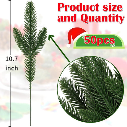 BSTCRAFT 50 Pack Artificial Pine Branches, Green Faux Pine Stems Christmas Plants Pines Needles DIY Accessories for Xmas Wreath Garland Home Decorations