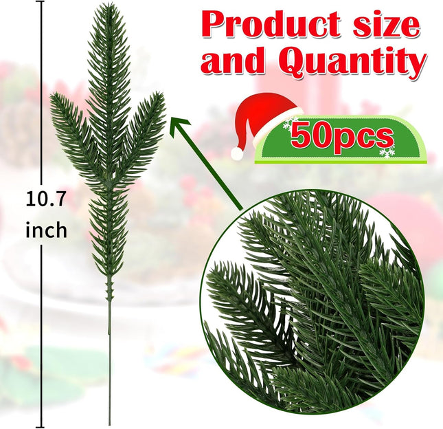 BSTCRAFT 50 Pack Artificial Pine Branches, Green Faux Pine Stems Christmas Plants Pines Needles DIY Accessories for Xmas Wreath Garland Home Decorations