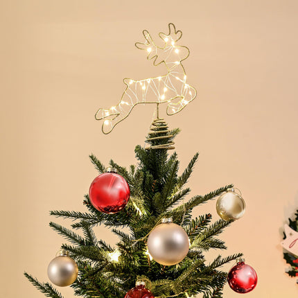 Light Up Reindeer Christmas Tree Topper, Metal Gold Glittery Elk Tree Topper with 25 LED Warm Lights, Battery Operated Cute 2D Deer for Unique Christmas Tree Decoration, Centerpiece