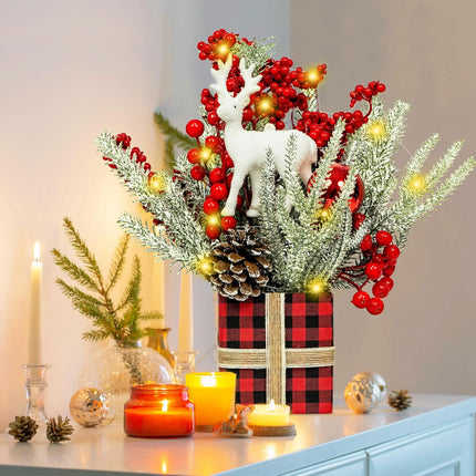 Small Christmas Tree with Lights, Tabletop Christmas Tree, Mini Christmas Tree with Red Berries Pine Cone for Home Decor Indoor Artificial Christmas Table Decorations