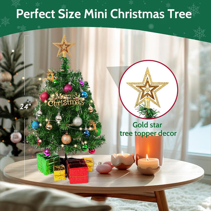 Mini Christmas Tree, 2ft Artificial Small Table Top Christmas Tree, Tabletop Christmas Tree with Star, Ball Ornaments for DIY Xmas Tree