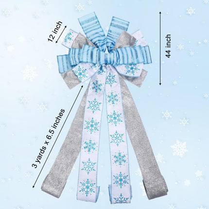 Capoda Christmas Tree Topper Bow 44'' x 12 Large Blue Christmas Tree Decoration Snowflake Ribbon Winter Flower Topper Wreath Bow with 3 Yards Long Ribbon Merry Christmas Garland for Xmas Home Decor