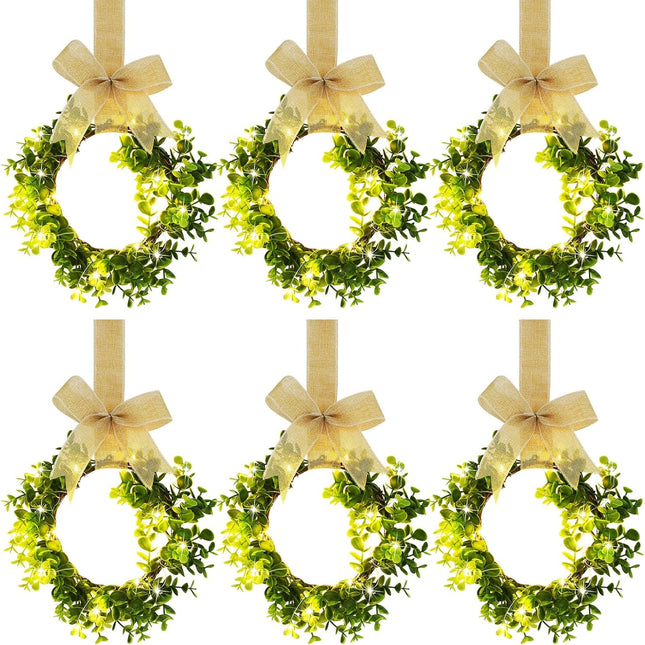 Cindeer 6 Pcs Lighted Christmas Kitchen Cabinet Wreaths with Ribbon Bow LED Lights Farmhouse Artificial Cabinet Hanging Wreaths for Door Wall Christmas Party(Yellow)