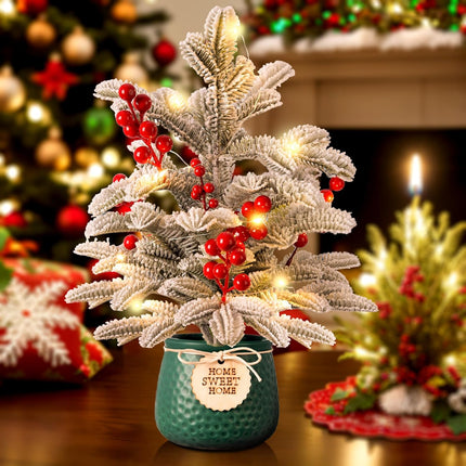 Small Christmas Tree Artificial Mini Tabletop Christmas Tree for Xmas Decor, Pine Greenery with Snow Red Berry Holiday Ornaments Indoor, for Friends Family