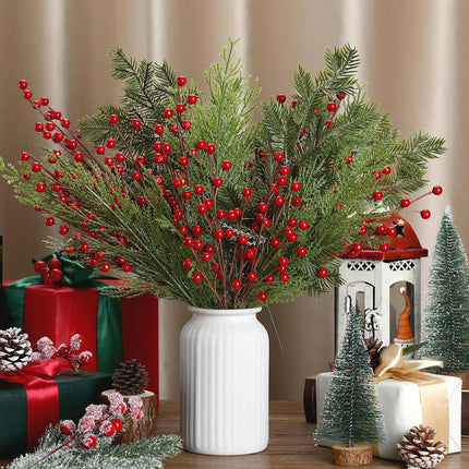 Tigeen 30 Pcs Christmas Artificial Pine Branches with Berry Stems 16 Inch Christmas Greenery Stems with Pine Cone Faux Cedar Pine Needles Picks for Xmas Tree Vase Wreath Garland DIY(Red)