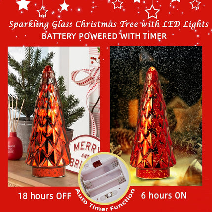 Mercury Glass Christmas Tree, 2-Pack Lighted Xmas Tree Decorations, Holiday Centerpiece Battery Operated LED with Timer, Decorative for Tabletop Window Mantel Display Party Indoor Home Decor(RED)